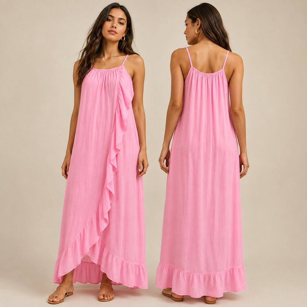 Meo Meli Dolce Pink Cotton Gauze High Low Ruffle Maxi Dress Made in Italy OS NWT